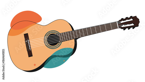Beautiful acoustic classical guitar is presented with colorful abstract orange and teal shapes on a white background.