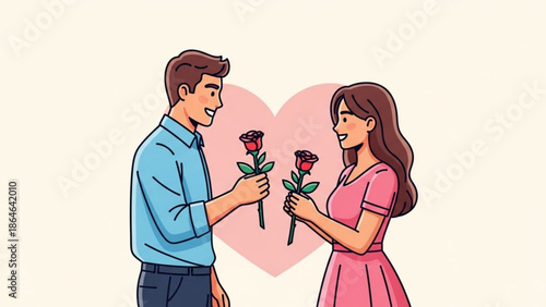 A cute cartoon couple is sweetly exchanging single red roses, with a large, soft pink heart symbolizing their love.