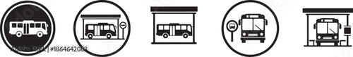 A collection of public transportation icons featuring buses and bus stops in various styles. Vector