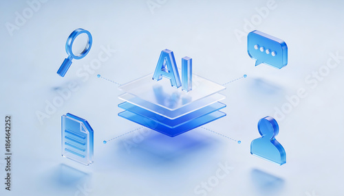 3D digital illustration of explainable artificial intelligence featuring transparent glass data layers and an AI icon connected to a magnifying glass chat bubble document and user profile