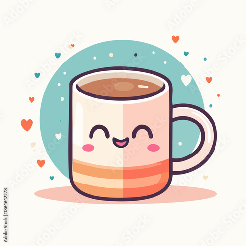 A cute cartoon mug with a smiling face, filled with a brown liquid, surrounded by hearts and dots.