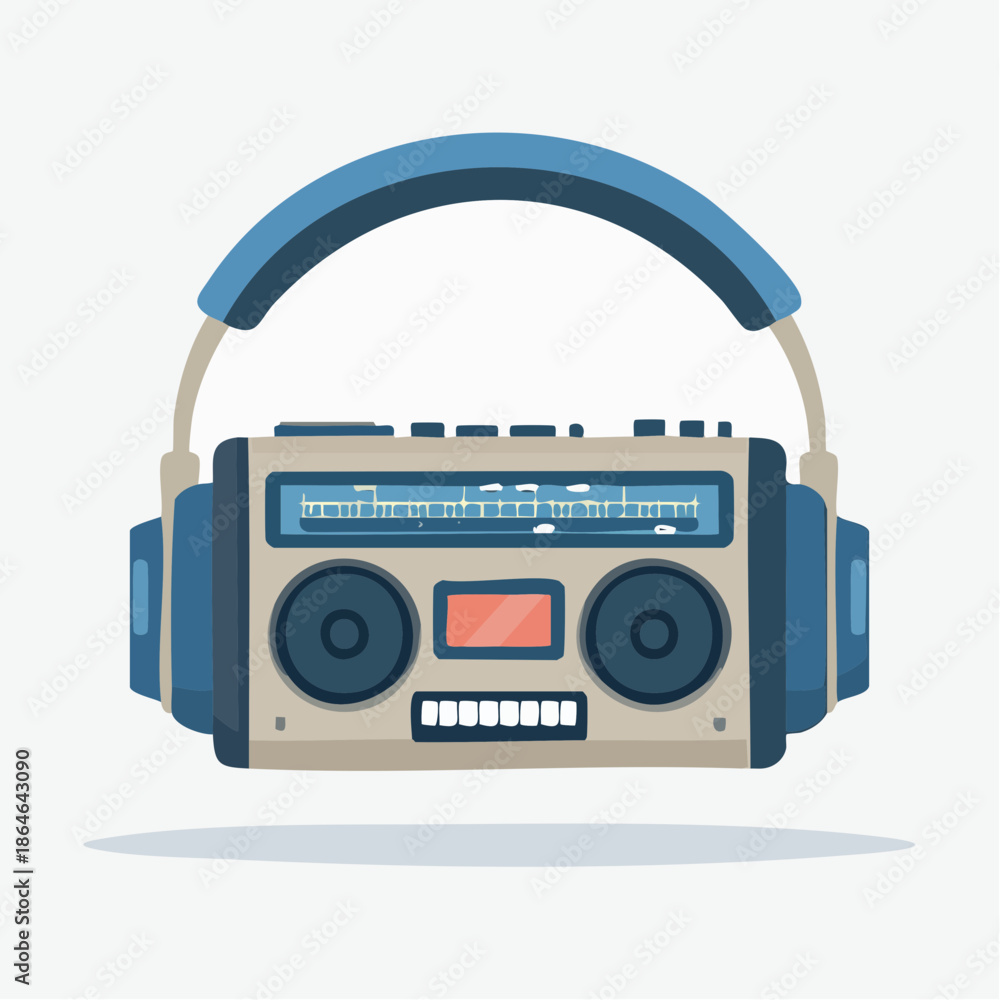 Fototapeta premium A vintage portable boombox radio with blue headphones rests on a light background.