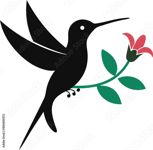 Minimalist silhouette of a tiny hummingbird sipping nectar from a flower, white background.