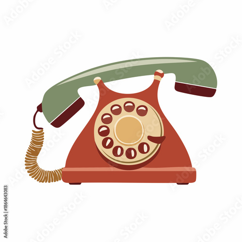 A classic vintage red rotary telephone with a green handset and coiled cord.