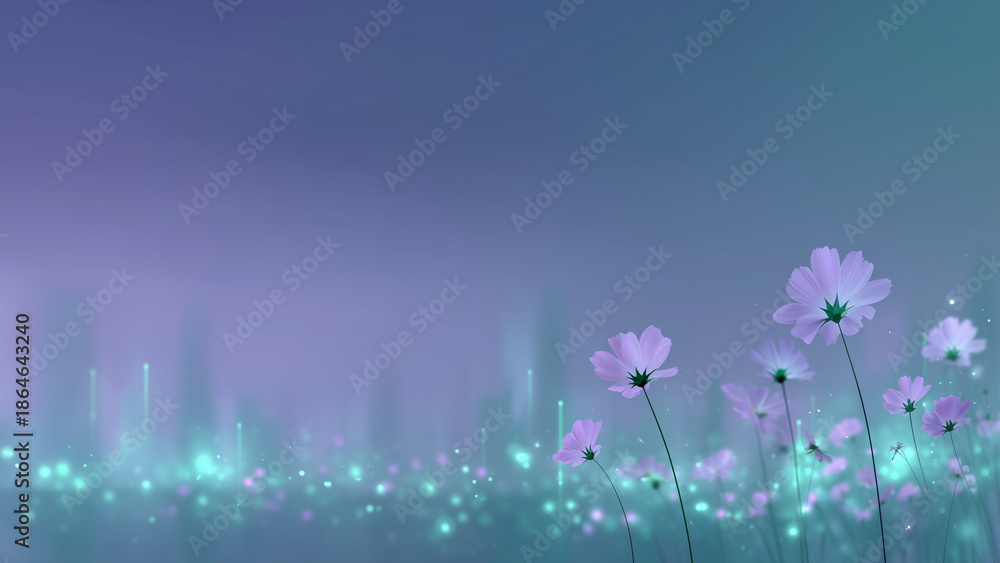 Fototapeta premium Purple cosmos field in misty morning light background