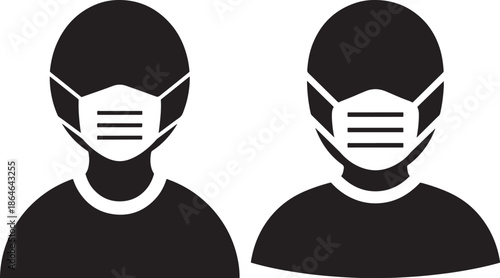 People Wearing Protective Face Mask Silhouette Icons, Health and Safety Symbols for Pandemics, Hygiene, and Pollution Prevention