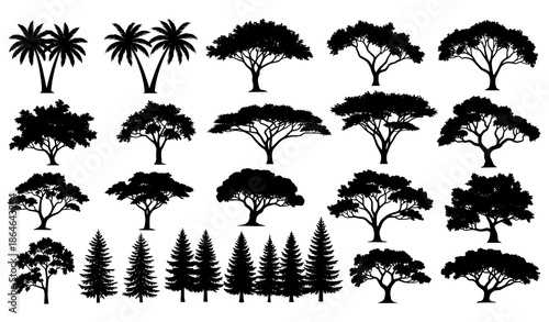 Minimal flat tree silhouette icon set with diverse forest types vector isolated on white background