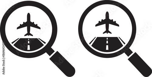 Airplane on Runway under Magnifying Glass Silhouette Icons, Flight Tracking and Travel Search Symbols for Airport Navigation and Booking