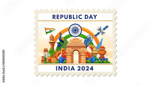 Republic day india 2024 stamp with indian flag, gateway of india, peacocks, and satellite, symbolizing national pride and technological advancement