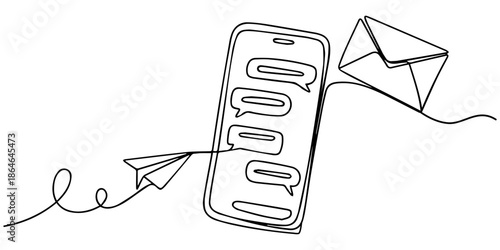 chat messages on smartphone, continuous one line art outline drawing minimalist  Chat messages on smartphone, Continuous single line editable drawing of an envelope flying out and a paper airplane
