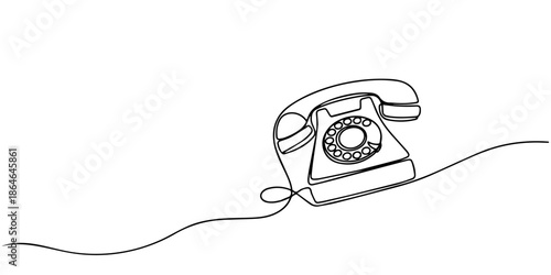 Old telephone continuous one line drawing, telephone receiver art with editable stroke vector illustration, Minimalist one line drawing of a vintage rotary telephone with coiled cord, black outline