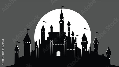 Medieval Castle Silhouette Under Full Moon Night