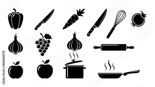 Black Silhouette Kitchen Utensils and Ingredients.