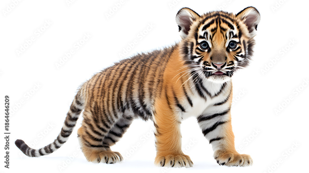Obraz premium Cute tiger cub standing on white background with striped fur and alert expression in natural pose