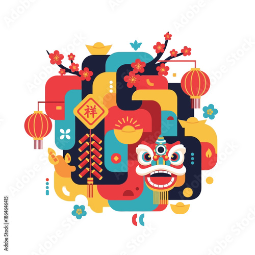 Vibrant illustration of a lion dance mask surrounded by blooming cherry blossoms and traditional lanterns in a festive environment.