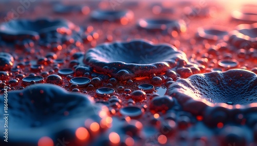 Surreal 3d close-animated movie of iridescent, liquid-like forms with glowing red highlights and deep blue hues, creating a luxurious and otherworldly texture.