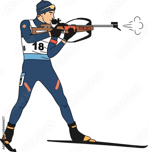 Biathlon Athlete Fires Rifle on Skis During Winter Competition Illustration of Precision Sport biathlon