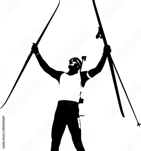 Biathlete Celebrates Victory Silhouette of Athlete Raising Ski Poles in Triumph After Winter Race Winter Sports Champion Achievement biathlon