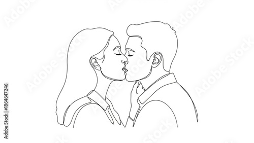 A minimalist continuous line art drawing beautifully captures a tender moment of a couple sharing a loving kiss.