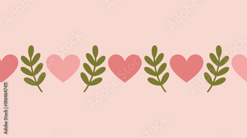 A charming seamless border with pink hearts and deep green leaves arranged on a soft light pink setting