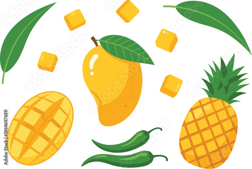 Yellow passion fruit vector illustration featuring whole fruit with green leaves and two sliced halves showing juicy pulp.