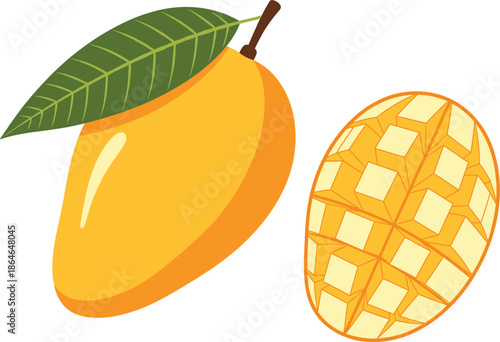 Yellow passion fruit vector illustration featuring whole fruit with green leaves and two sliced halves showing juicy pulp seeds.