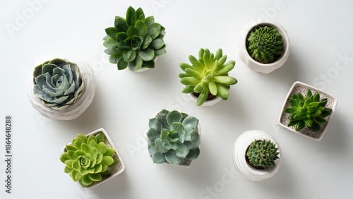 Flat Lay of Succulent Plants in Decorative Planters on White Background
