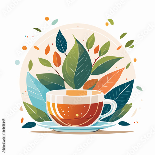A cup of tea surrounded by leaves in a serene environment