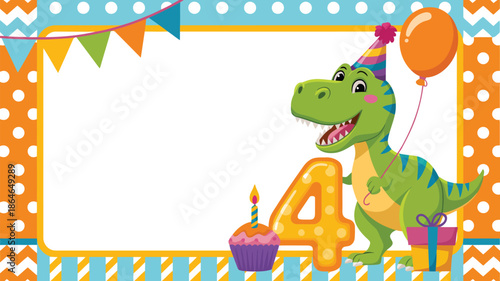 A happy green cartoon dinosaur wears a party hat and holds a balloon next to the number four