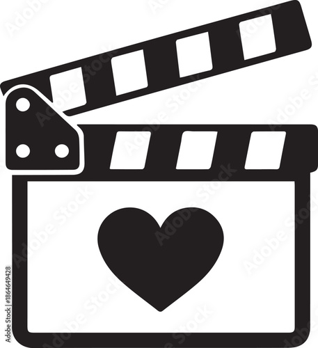 Black and white clapperboard with a heart symbol in the center