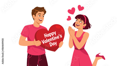 A joyful man gives a large red heart with Happy Valentines Day to an excited woman