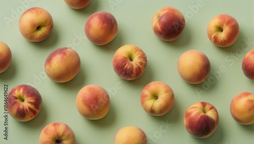 A pattern of ripe, round peaches with red blushes, on a light green, even background