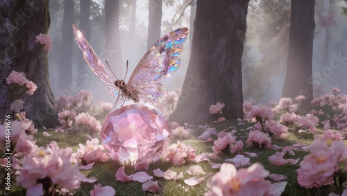 A gem with a butterfly perched on it, surrounded by flowers and trees in a misty forest
