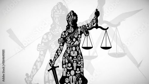 Lady Justice Holding Scales and Sword Silhouette with Floral Pattern
