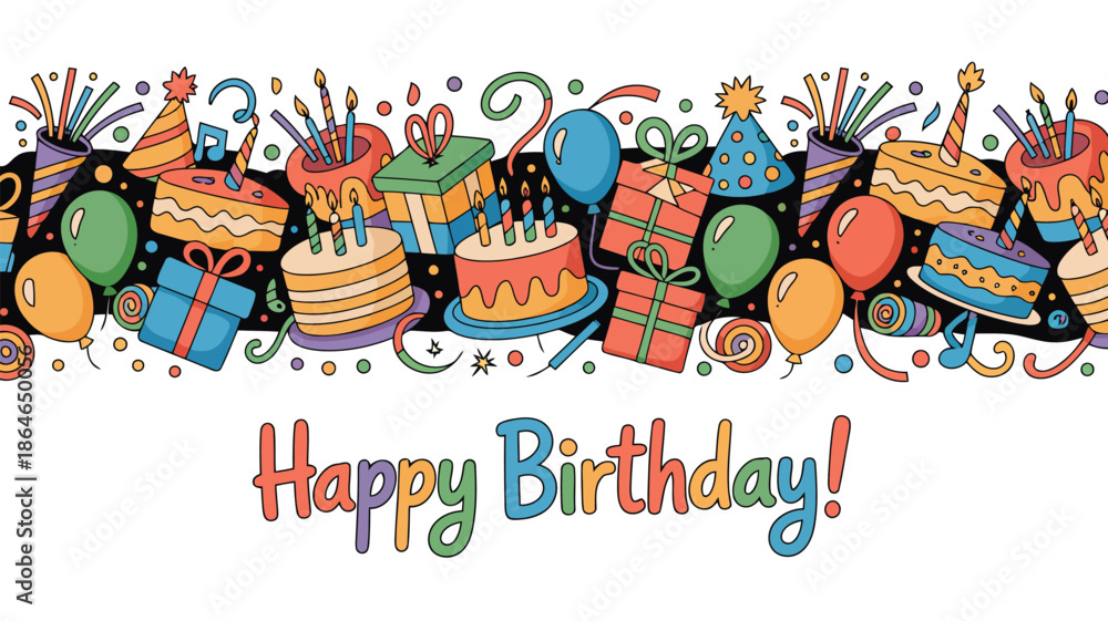 Fototapeta premium A vibrant Happy Birthday banner features cakes, gifts, balloons, and party hats on a black background