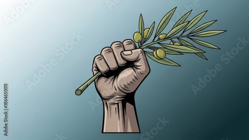 Fist Holding Olive Branch with Green Leaves and Yellow Olives, Symbolizing Peace