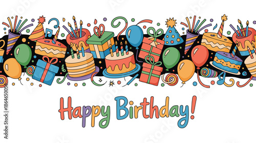 A vibrant Happy Birthday banner features cakes, gifts, balloons, and party hats on a black background