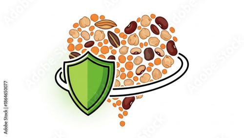 Healthy Lentils in Heart Shape with Green Shield Protection, Isolated on White Background