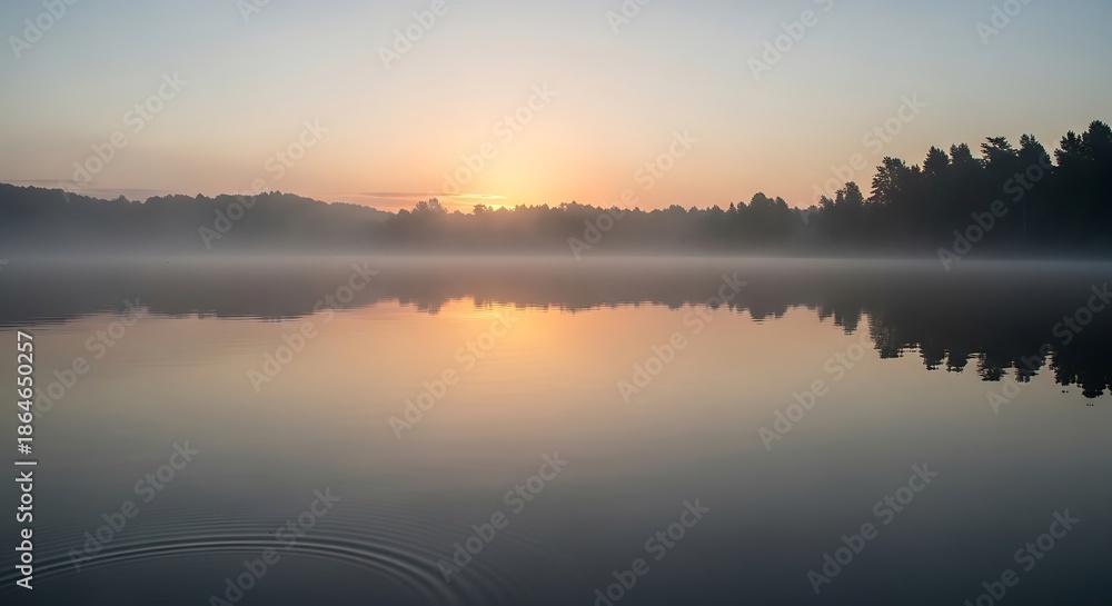 Obraz premium Serene Sunrise Over Misty Lake with Forest Reflection.