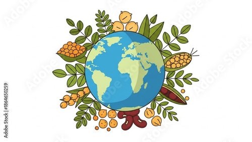 Earth Globe Surrounded by Leaves and Fruits on White Background