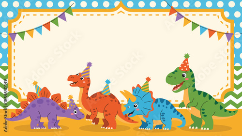 Four cheerful cartoon dinosaurs wearing party hats are ready for a fun birthday celebration with friends