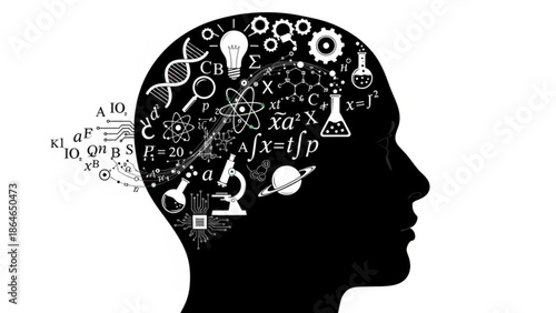 Thinking Man Silhouette with Science and Math Symbols in Head Isolated on White