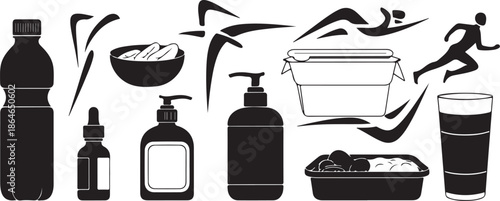 Fitness and nutrition icons in black and white style