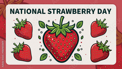 National Strawberry Day Celebration with Cartoon Strawberries and Decorative Elements