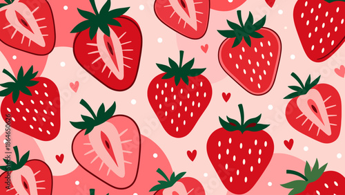 Sweet Strawberry Seamless Pattern with Fresh Red Fruits on Pink Background