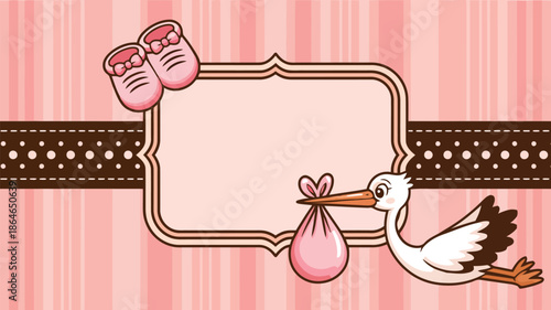 Adorable pink themed baby arrival background showing a stork, little shoes, and a classic decorative message frame