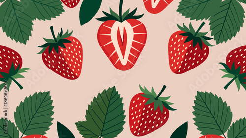 Fresh Strawberry Fruit and Leaf Pattern on Light Pink Background