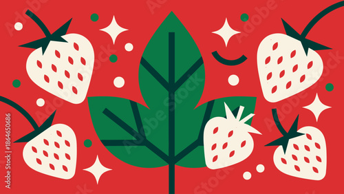 Minimalist Strawberry and Leaf Illustration with Festive Elements
