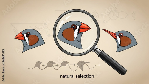 Magnifying Glass Focusing on Bird Head Illustrating Natural Selection Concept