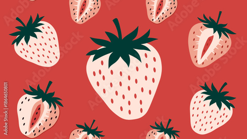 Modern Flat Illustration of Delicious Strawberries on Red Background